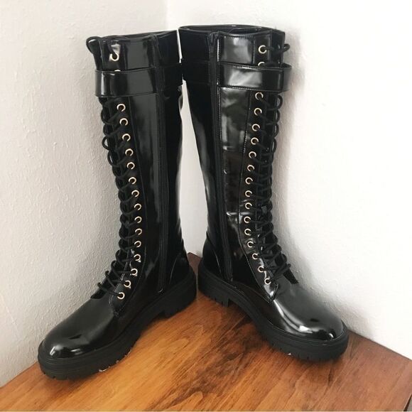 GIANNI BINI Skyscraper Lace Up Lug Sole Platform Tall Boot Patent Leather Size 7 - Picture 4 of 12